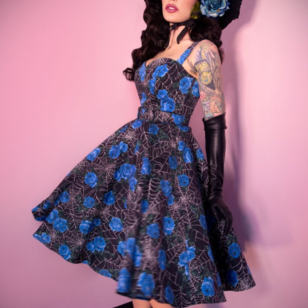 Vixen by Micheline Pitt Sweetheart Swing Dress Spider Web and Blue Roses